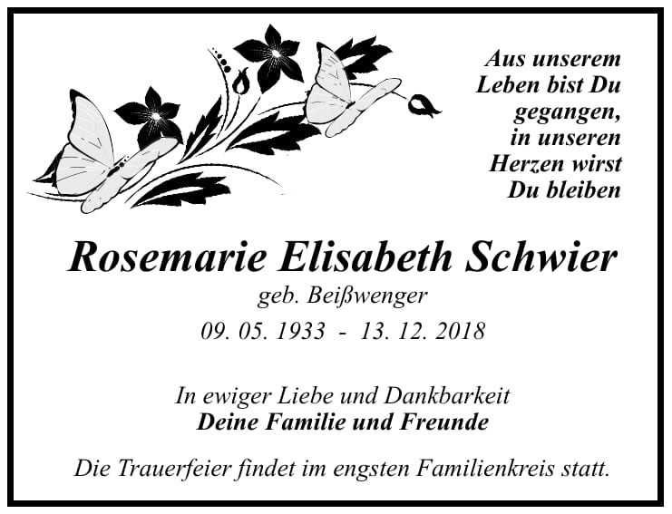 Traueranzeige Rosemarie Elisabeth Schwier, geb. Beißwenge
