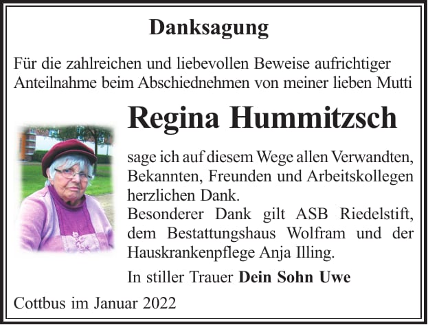 Danksagung Regina Hummitzsch