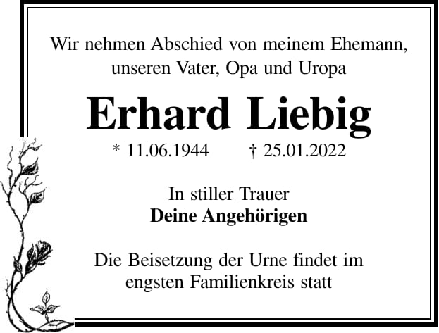 Traueranzeige Erhard Liebig