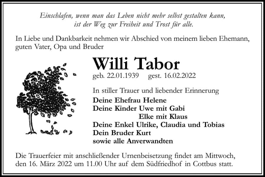 Traueranzeige Willi Tabor