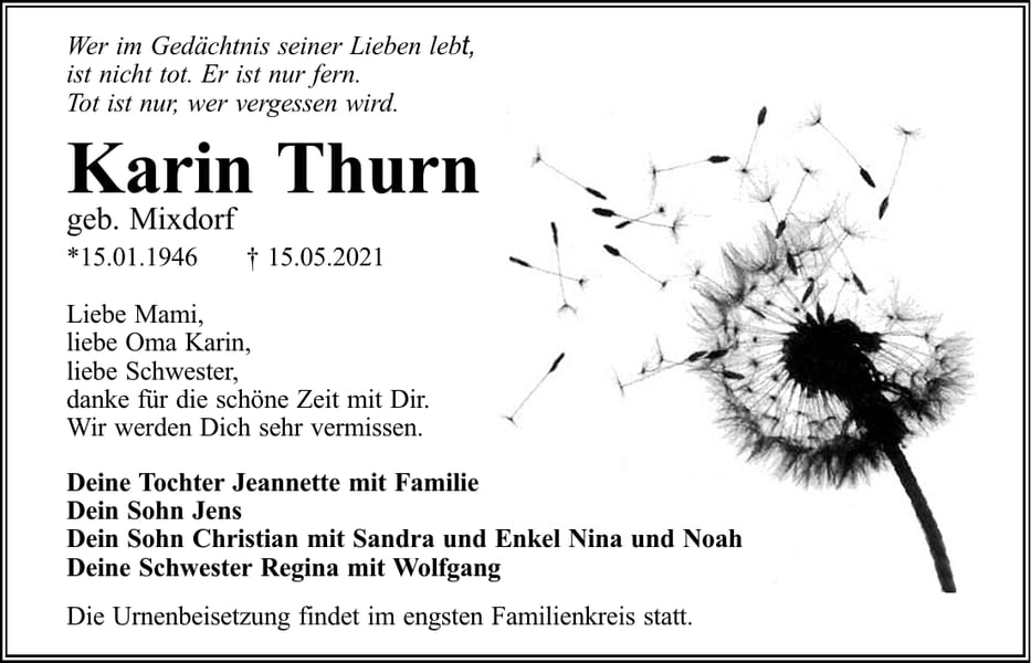 Traueranzeige Karin Thurn, geb. Mixdorf