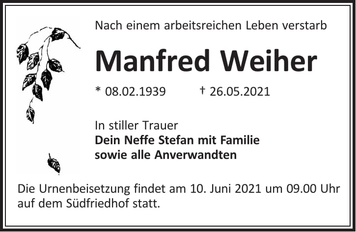 Traueranzeige Manfred Weiher
