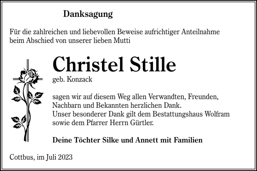 Danksagung Christel Stille, geb. Konzack