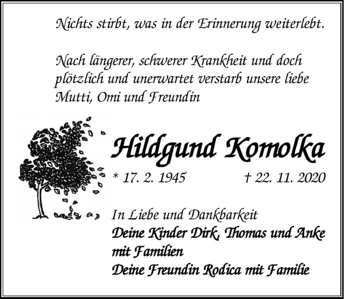 Traueranzeige Hildgund Komolka