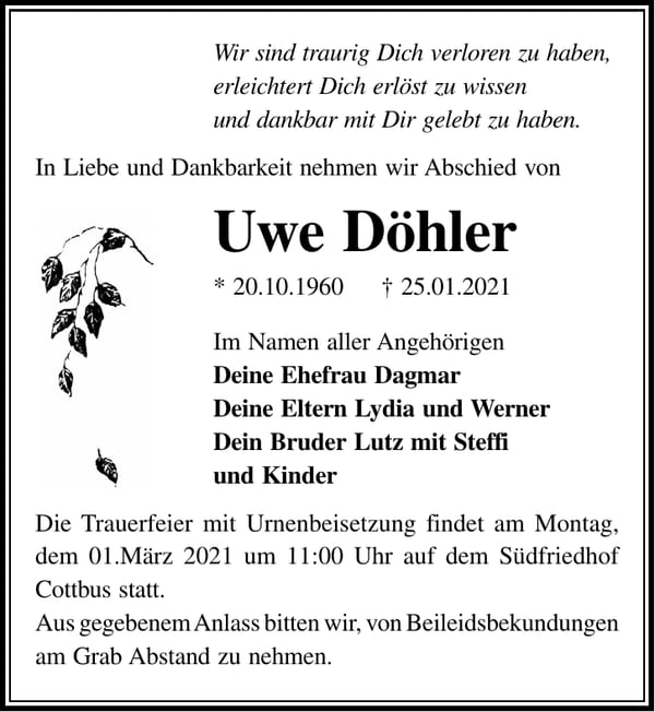 Traueranzeige Uwe Döhler