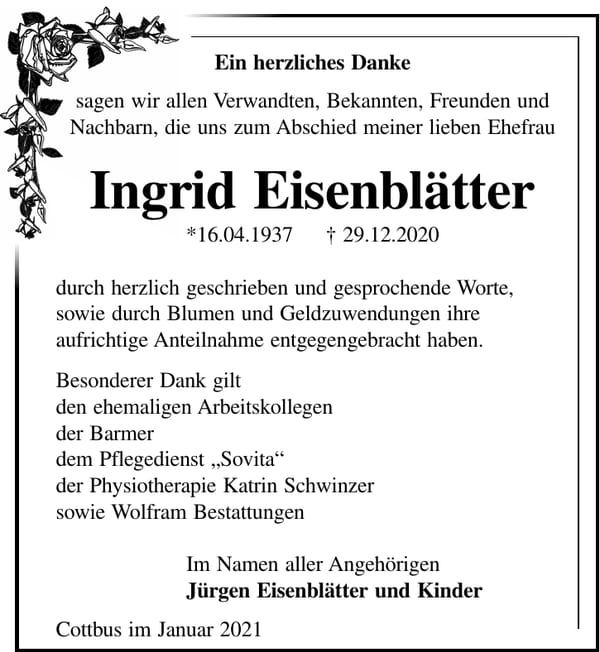 Danksagung Ingrid Eisenblätter