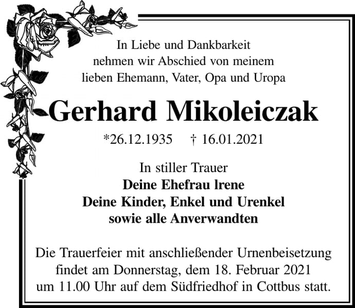 Traueranzeige Gerhard Mikoleiczak