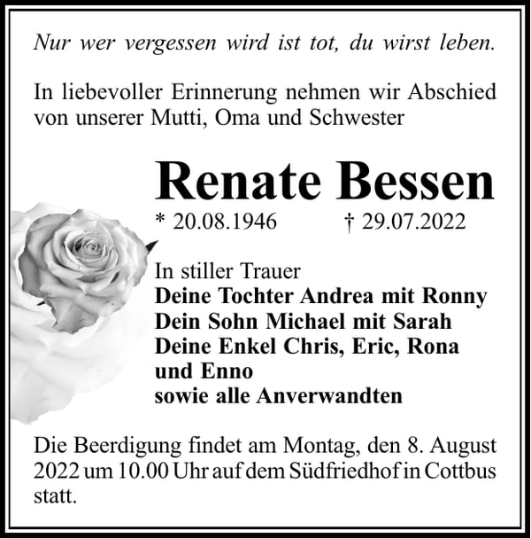 Traueranzeige Renate Bessen