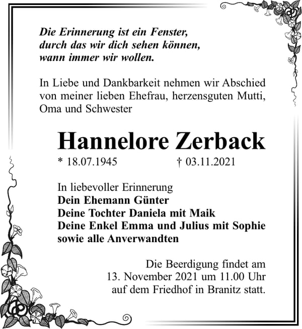 Traueranzeige Hannelore Zerback