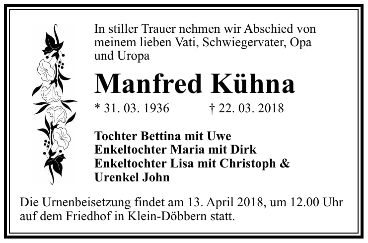 Traueranzeige Manfred Kühna