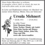 Traueranzeige Ursula Mehnert