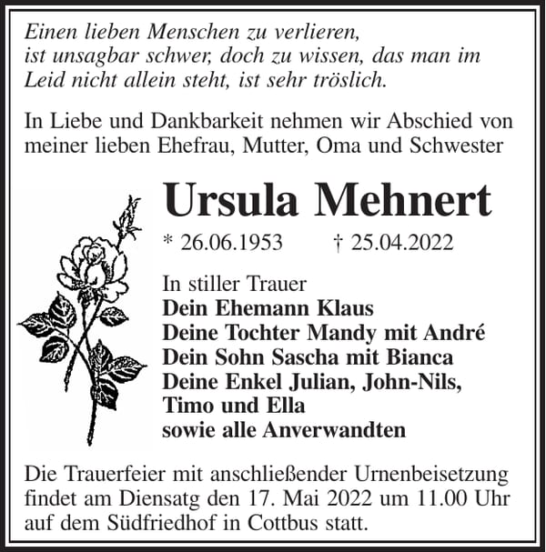 Traueranzeige Ursula Mehnert