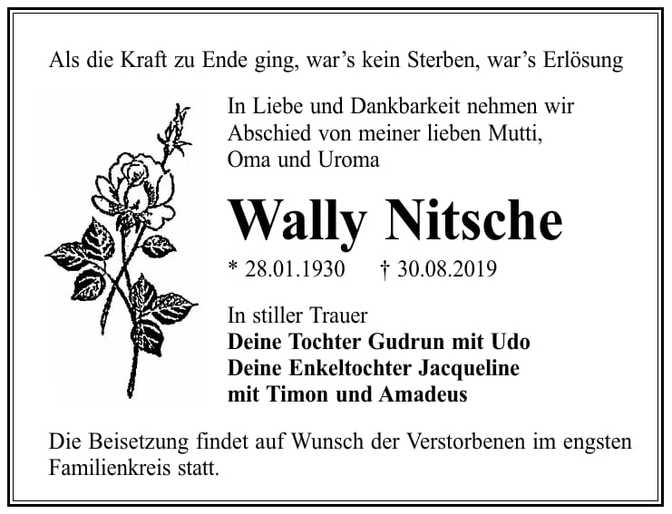 Traueranzeige Wally Nitsche