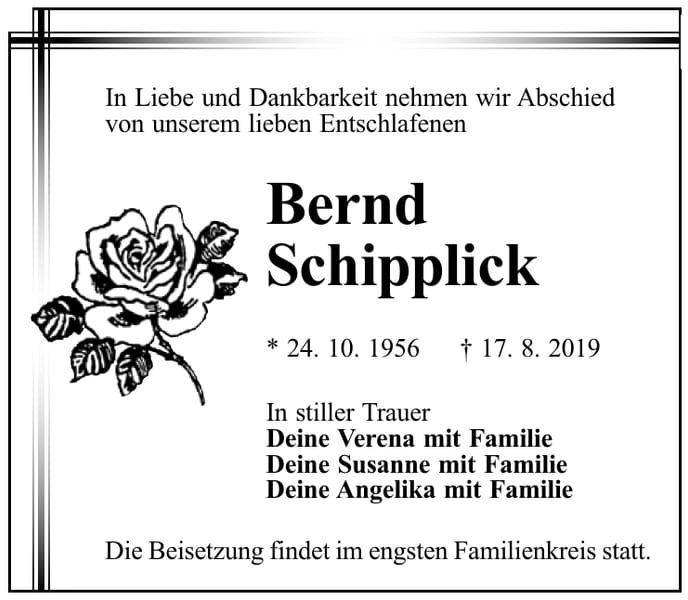 Traueranzeige Bernd Schipplick