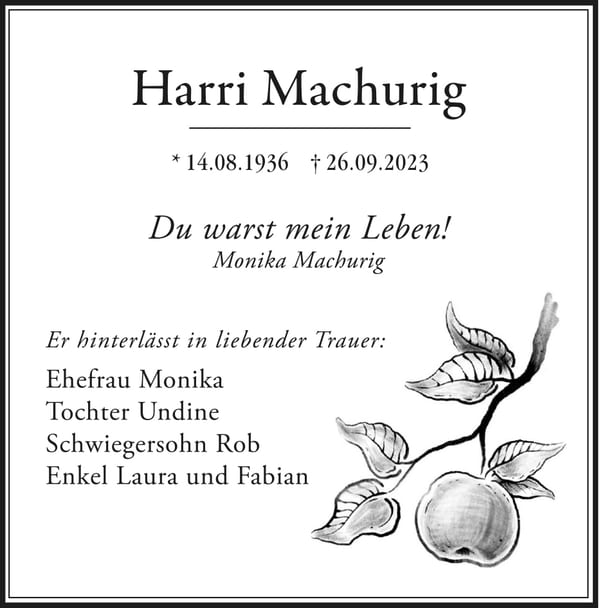 Traueranzeige Harri Machurig