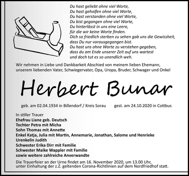 Traueranzeige Herbert Bunar