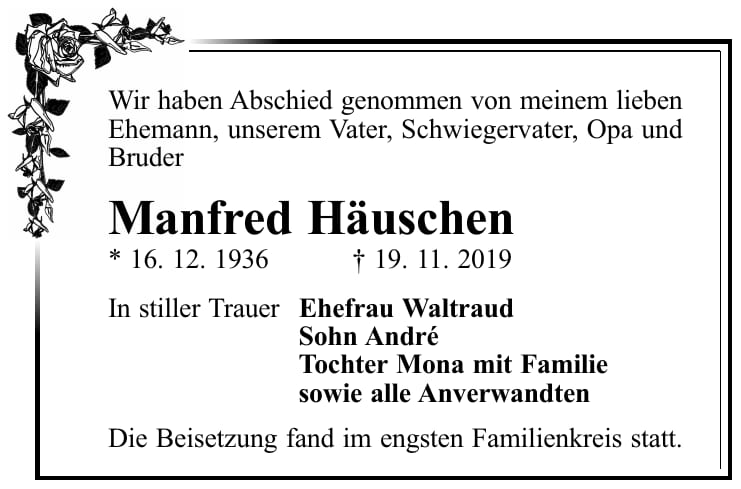 Traueranzeige Manfred Häuschen