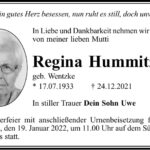Traueranzeige Regina Hummitzsch, geb. Wentzke