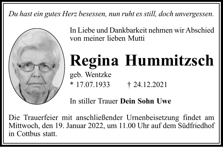 Traueranzeige Regina Hummitzsch, geb. Wentzke