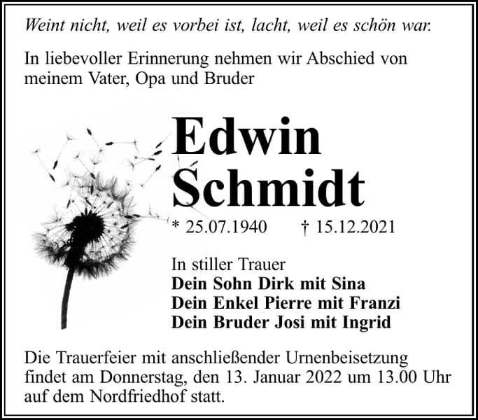 Traueranzeige Edwin Schmidt