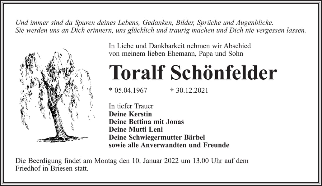 Traueranzeige Toralf Schönfelder