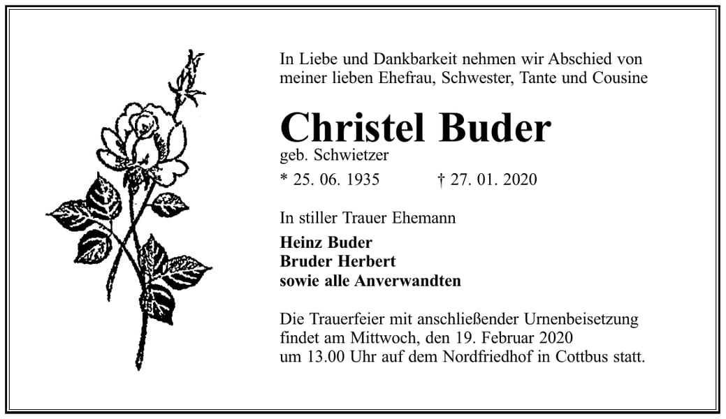 Traueranzeige Christel Buder, geb. Schwietzer