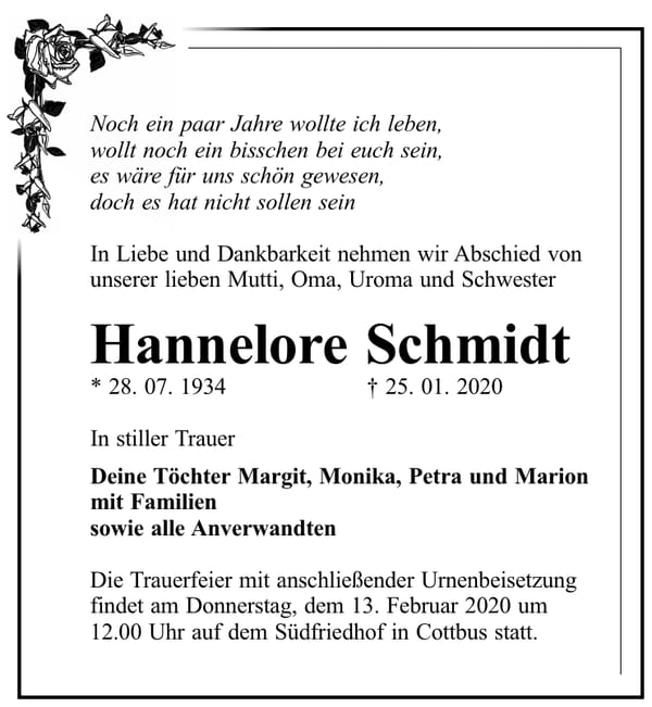 Traueranzeige Hannelore Schmidt