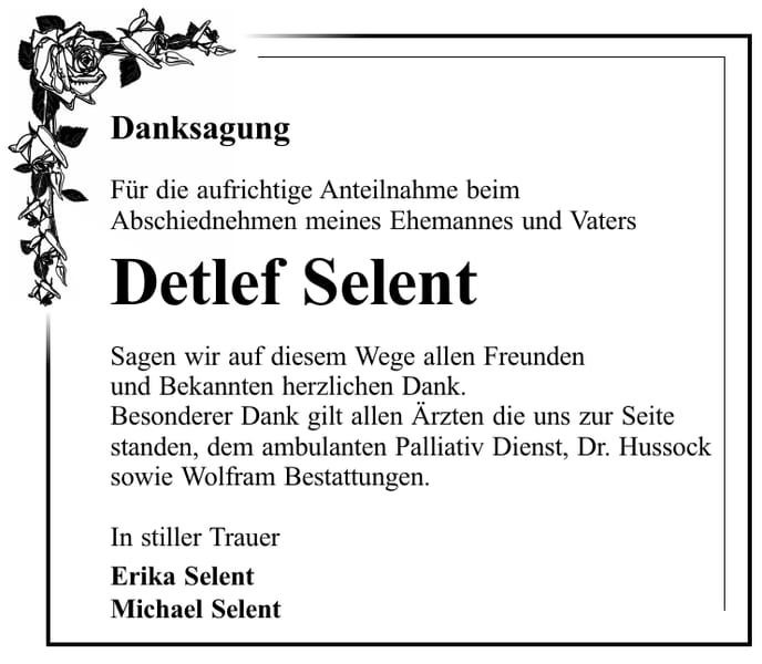 Danksagung Detlef Selent