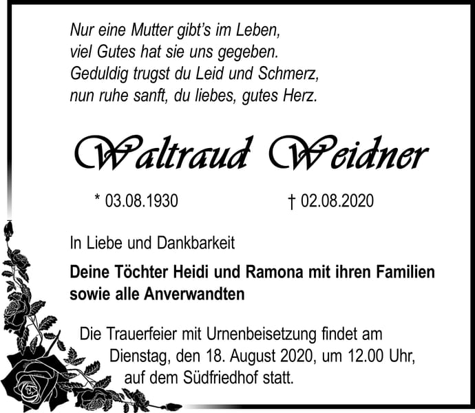Traueranzeige Waltraud Weidner
