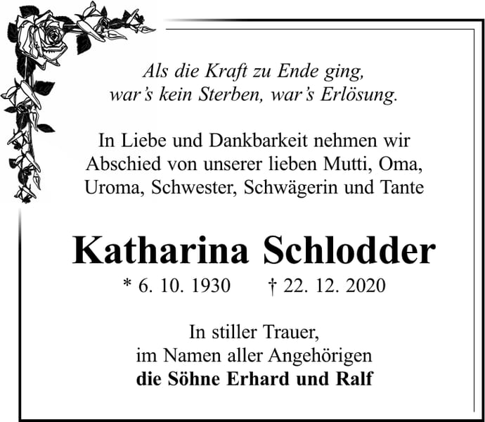 Traueranzeige Katharina Schlodder