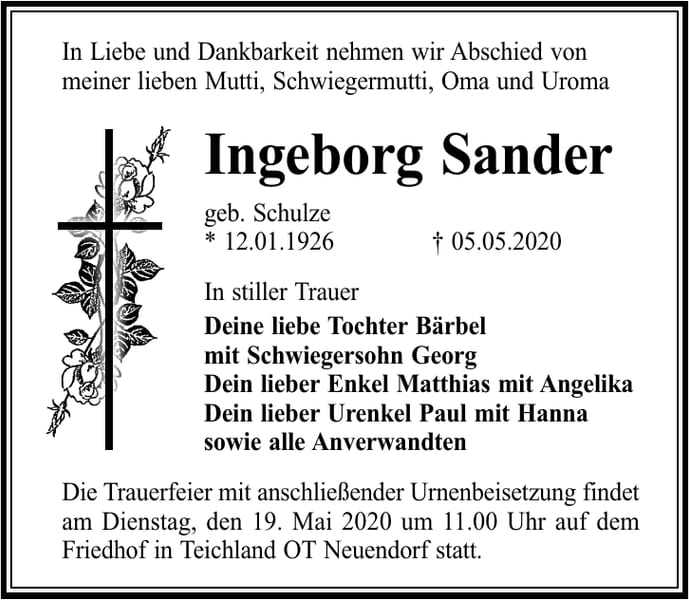 Traueranzeige Ingeborg Sander, geb. Schulze
