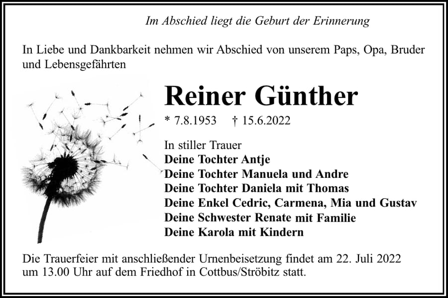 Traueranzeige Reiner Günther