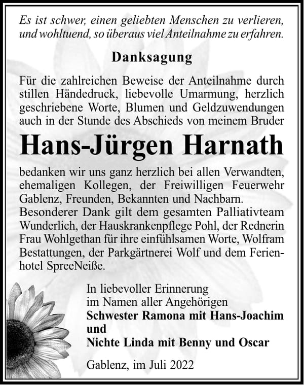Danksagung Hans-Jürgen Harnath