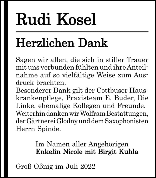 Danksagung Rudi Kosel