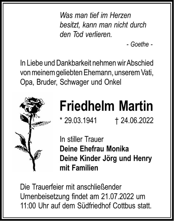 Traueranzeige Friedhelm Martin