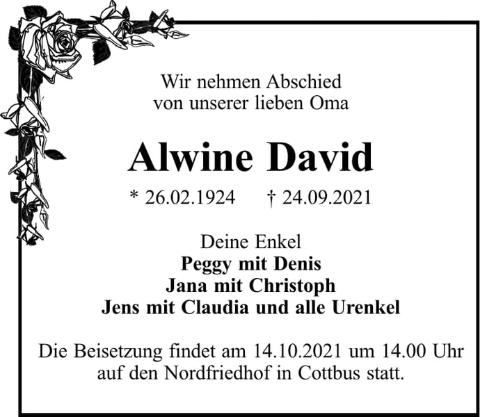Traueranzeige Alwine David