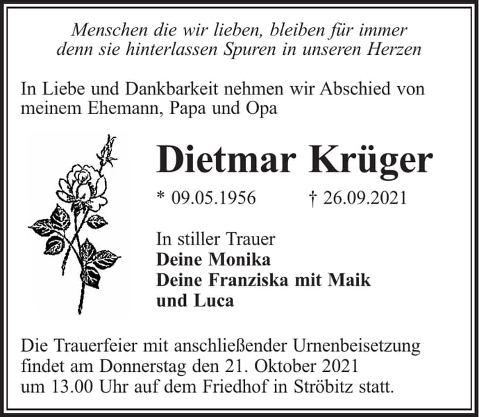 Traueranzeige Dietmar Krüger