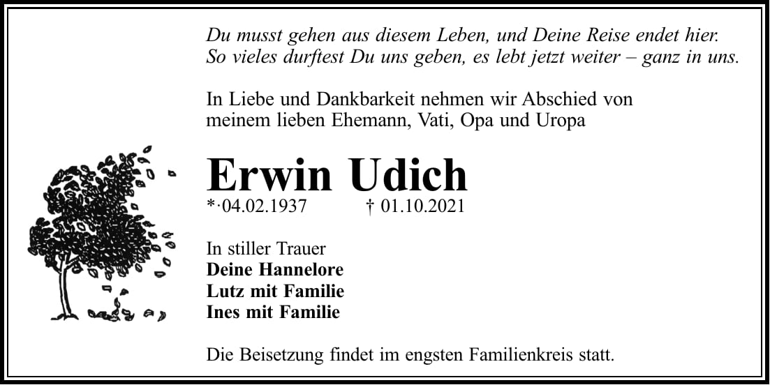 Traueranzeige Erwin Udich