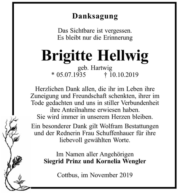 Danksagung Brigitte Hellwig, geb. Hartwig