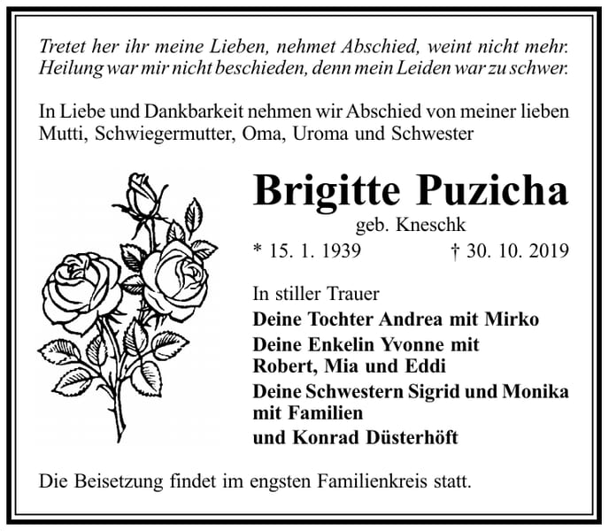 Traueranzeige Brigitte Puzicha, geb. Kneschk