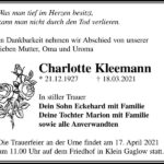 Traueranzeige Charlotte Kleemann