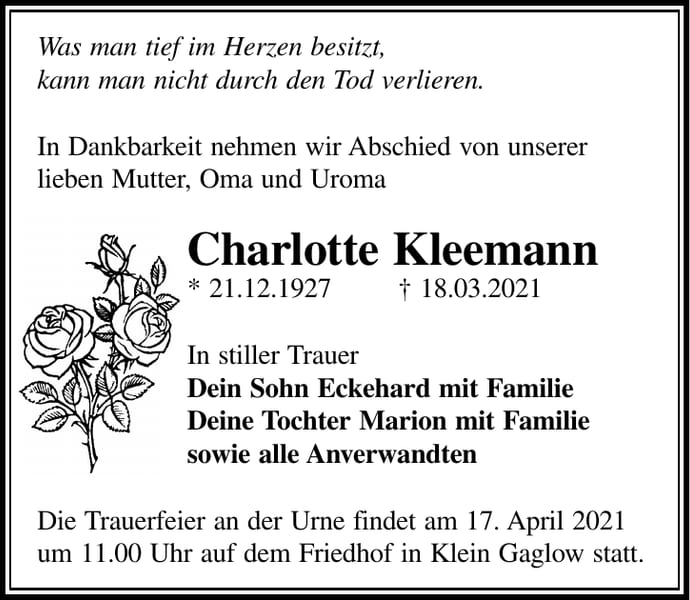 Traueranzeige Charlotte Kleemann