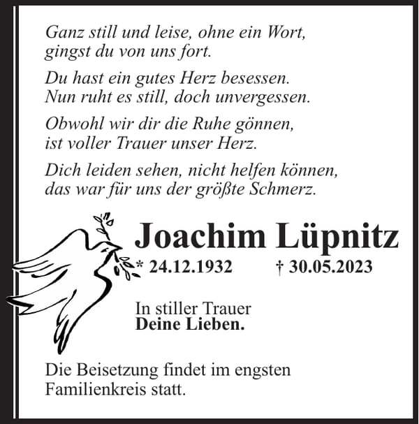 Traueranzeige Joachim Lüpnitz