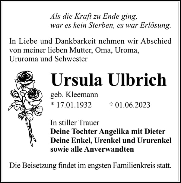 Traueranzeige Ursula Ulbrich, geb. Kleemann