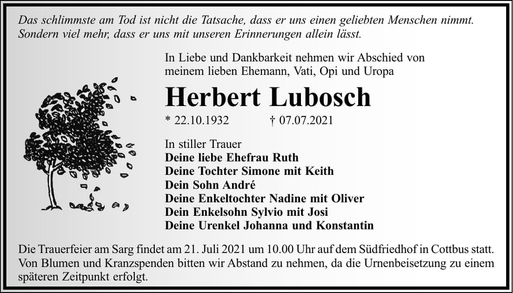 Traueranzeige Herbert Lubosch
