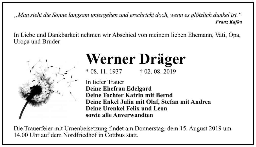 Traueranzeige Werner Dräger