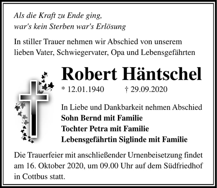 Traueranzeige Robert Häntschel