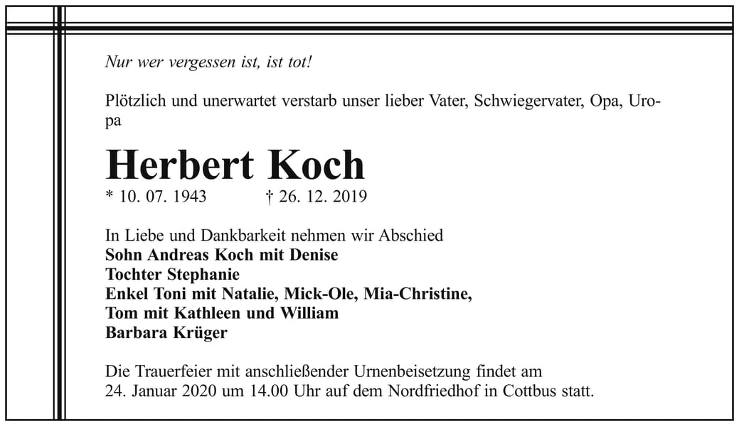 Traueranzeige Herbert Koch