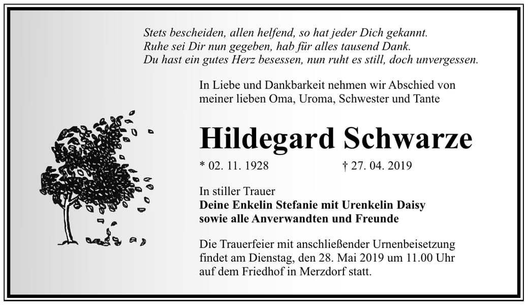 Traueranzeige Hildegard Schwarze