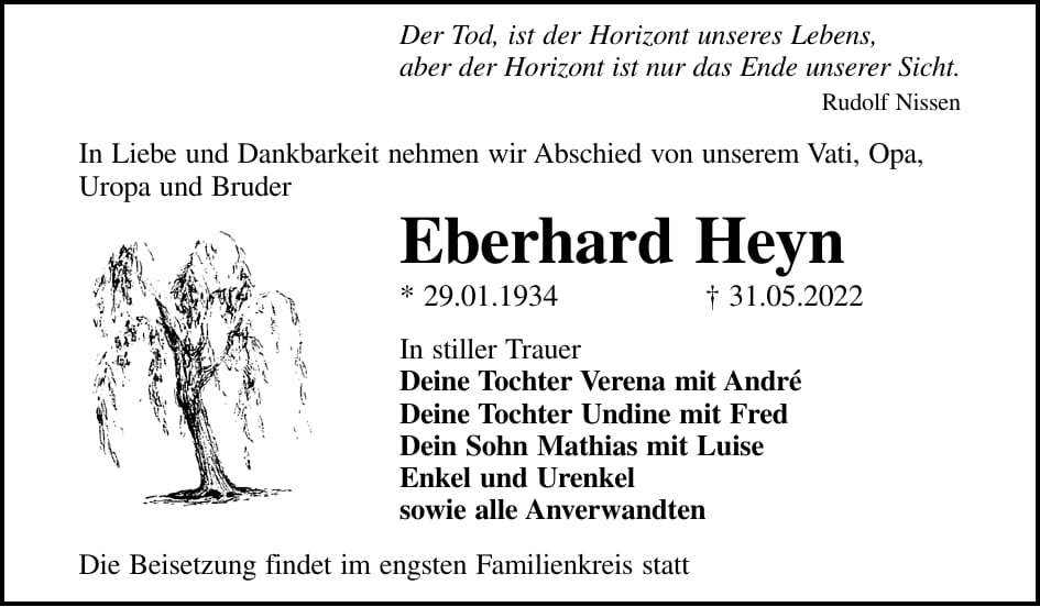 Traueranzeige Eberhard Heyn